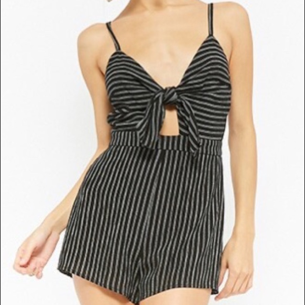 Honey Punch Striped Tie-Front Cutout Romper